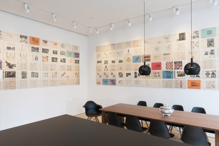 View of the Fortunato Depero installation, showing Depero Futurista (the Bolted Book) displayed at the Center for Italian Modern Art, 2014. Photo by Walter Smalling Jr.