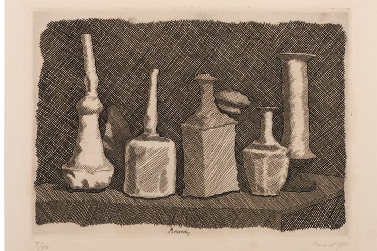 Giorgio Morandi, Natura morta a grandi segni, 1931, Etching, 24.5 x 34 cm @2015 Artists Rights Society (ARS), New York / SIAE, Rome. Reproduction, including downloading of Giorgio Morandi works, is prohibited by copyright laws and international conventions without the express written permission of Artists Rights Society (ARS), New York