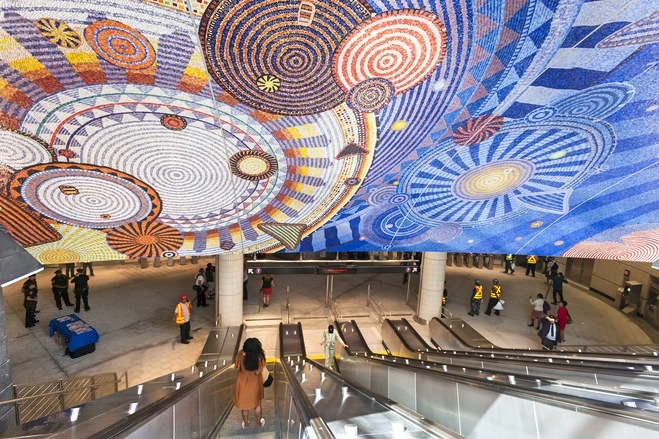 The new 34th Street-Hudson Yards subway station on the 7 Subway line extension in New York City. The mosaic artwork is titled ‘Funktional Vibrations,’ by Xenobia Bailey. Photo: Michael Nagle/Bloomberg News.