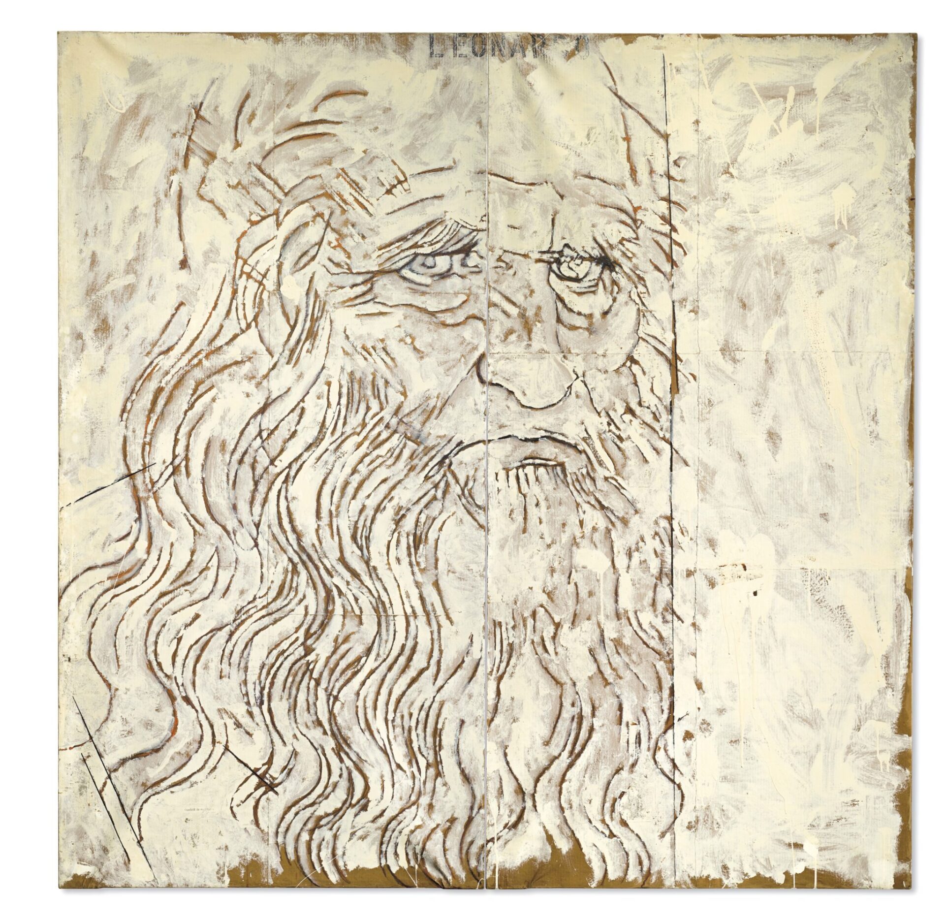 Schifano, Mario, 'Leonardo,' 1963 Enamel on paper laid down on two attached canvases 78 3/4 x 78 3/4 in (200 x 200 cm) Private Collection. © 2020 Artists Rights Society (ARS), New York / SIAE, Rome © Archivio Mario Schifano.